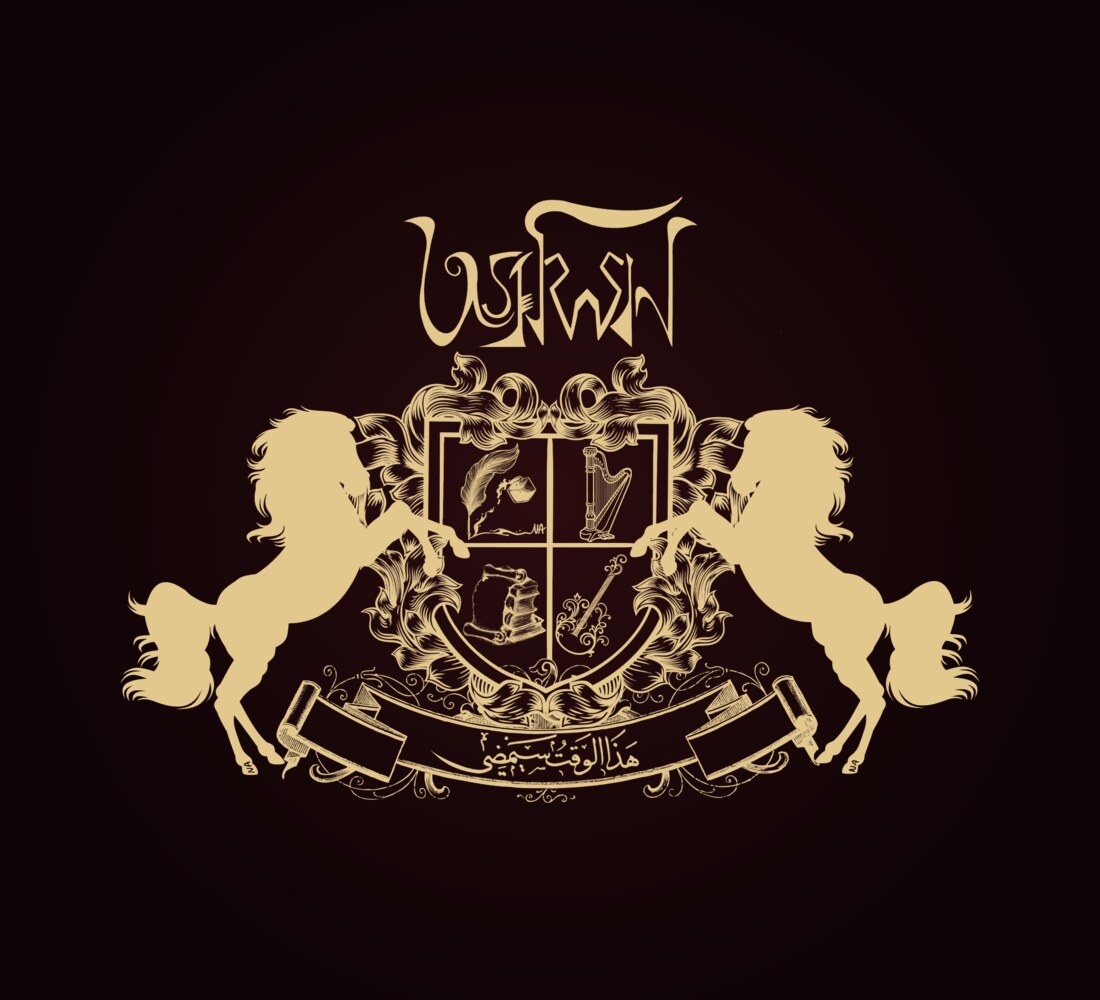 The crest in gold on black.