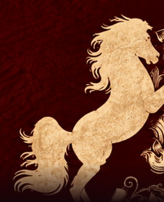 The left-hand horse of the Ashwin crest, rearing, in gold on crimson velvet.
